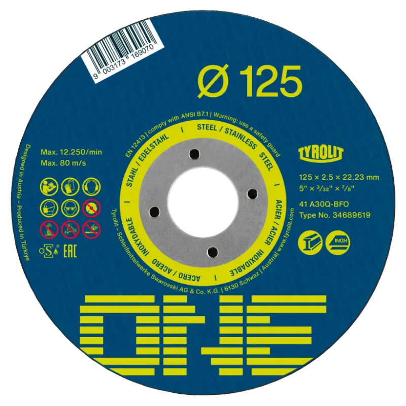 Tyrolit Trennscheibe ONE 2in1 Ø 125 mm 2,5 x 22,23 mm Form 41 in blauer Farbe und gelber Schrift